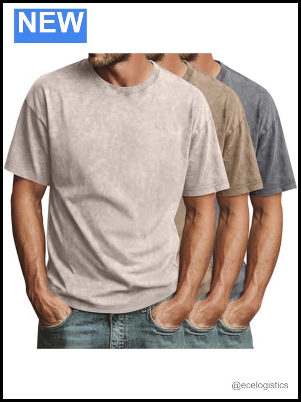 3 Pack Men's Oversized Cotton Acid Wash Vintage Tees Crew Neck Short Sleeve